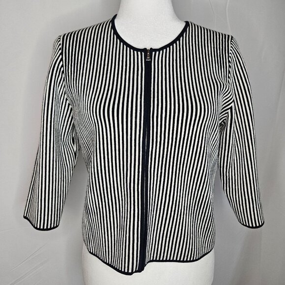 Theory Medium Stripe Blue White Stripe Jacket Asleen Geometric Knit Zip Blazer - Picture 2 of 11